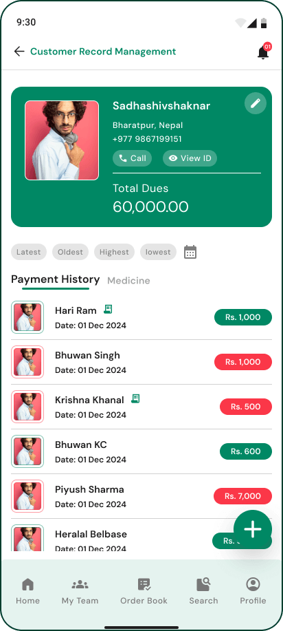 Mero Pharmacy Manager customer statements and dues tracking screen