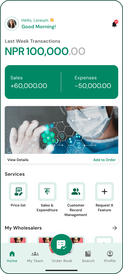 Mero Pharmacy Manager home dashboard with weekly summary and service shortcuts